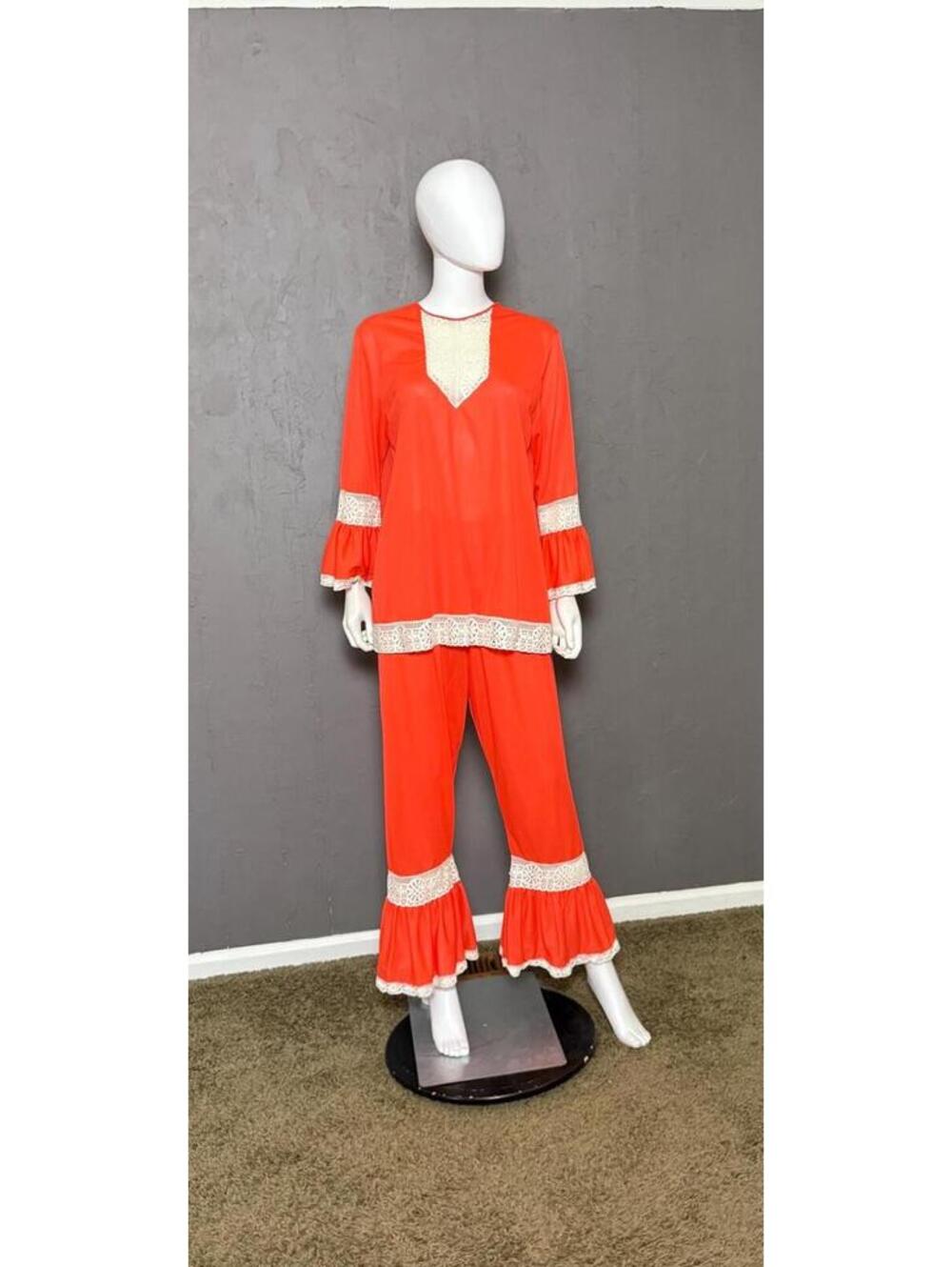 1970's Bell Bottom Pajama Lounge Set Red Orange + Cream Lace Groovy PJ's